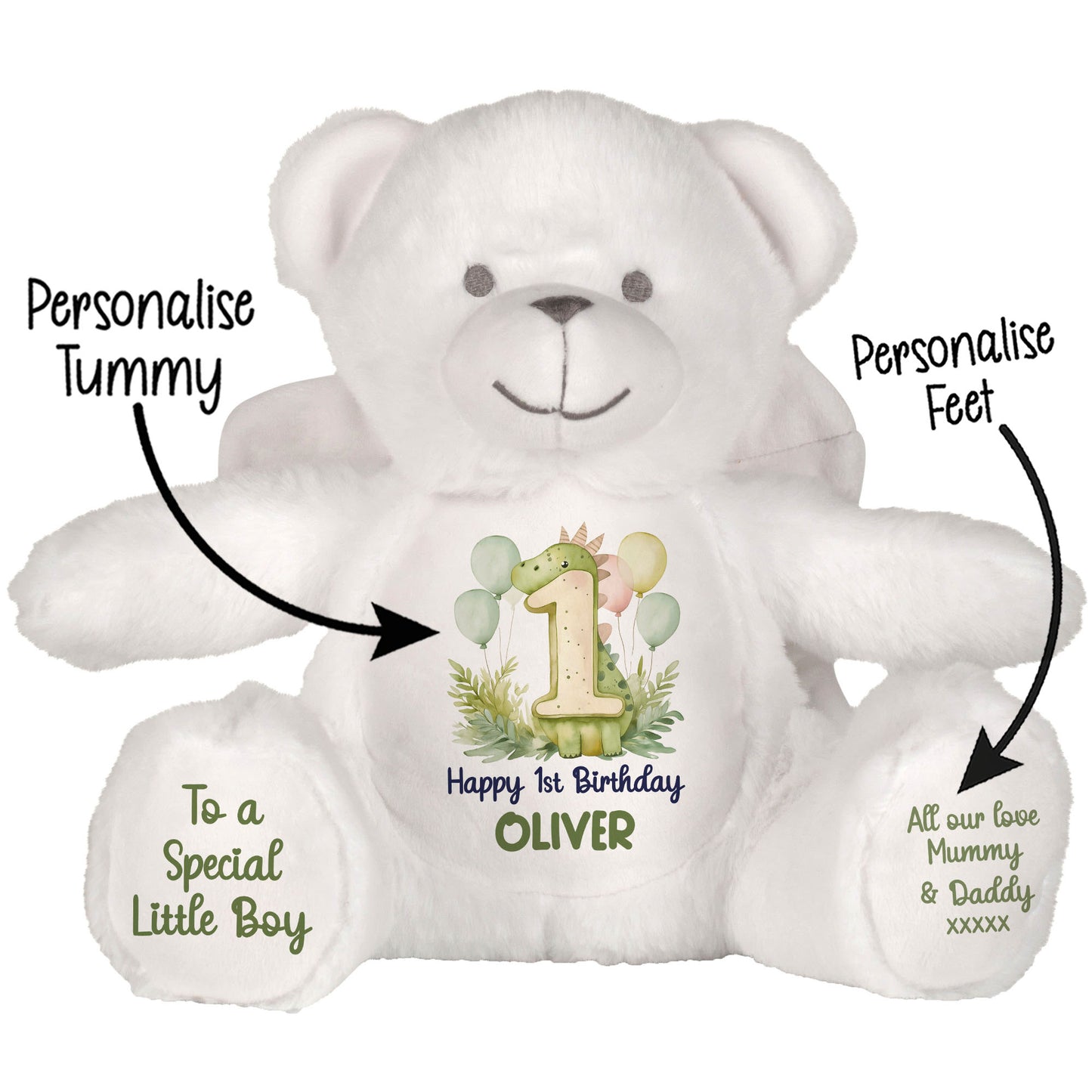 1st Birthday Green Dinosaur & Balloons Personalised Teddy Bear