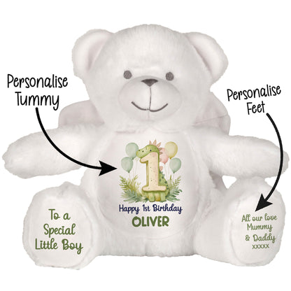 1st Birthday Green Dinosaur & Balloons Personalised Teddy Bear