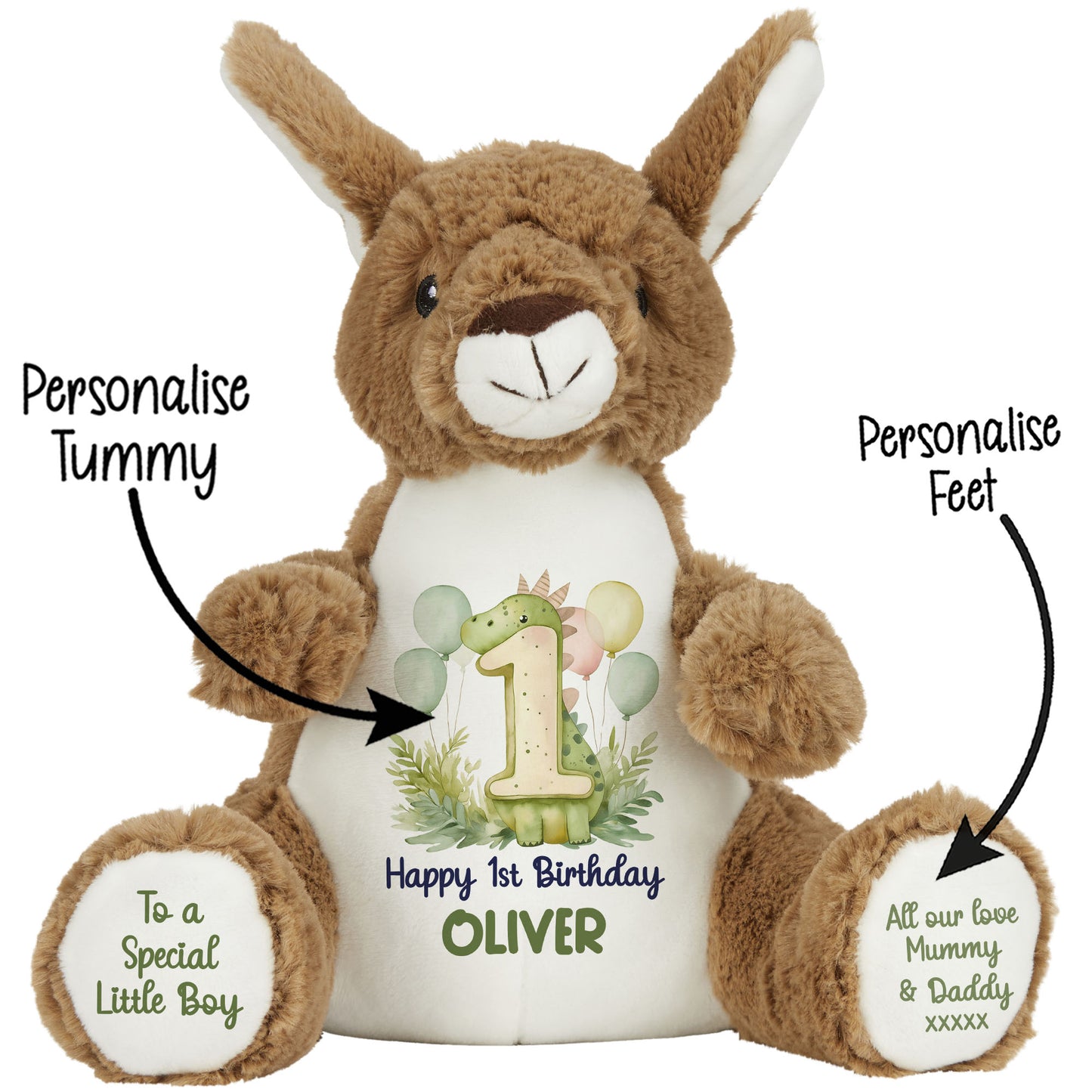 1st Birthday Green Dinosaur & Balloons Personalised Teddy Bear