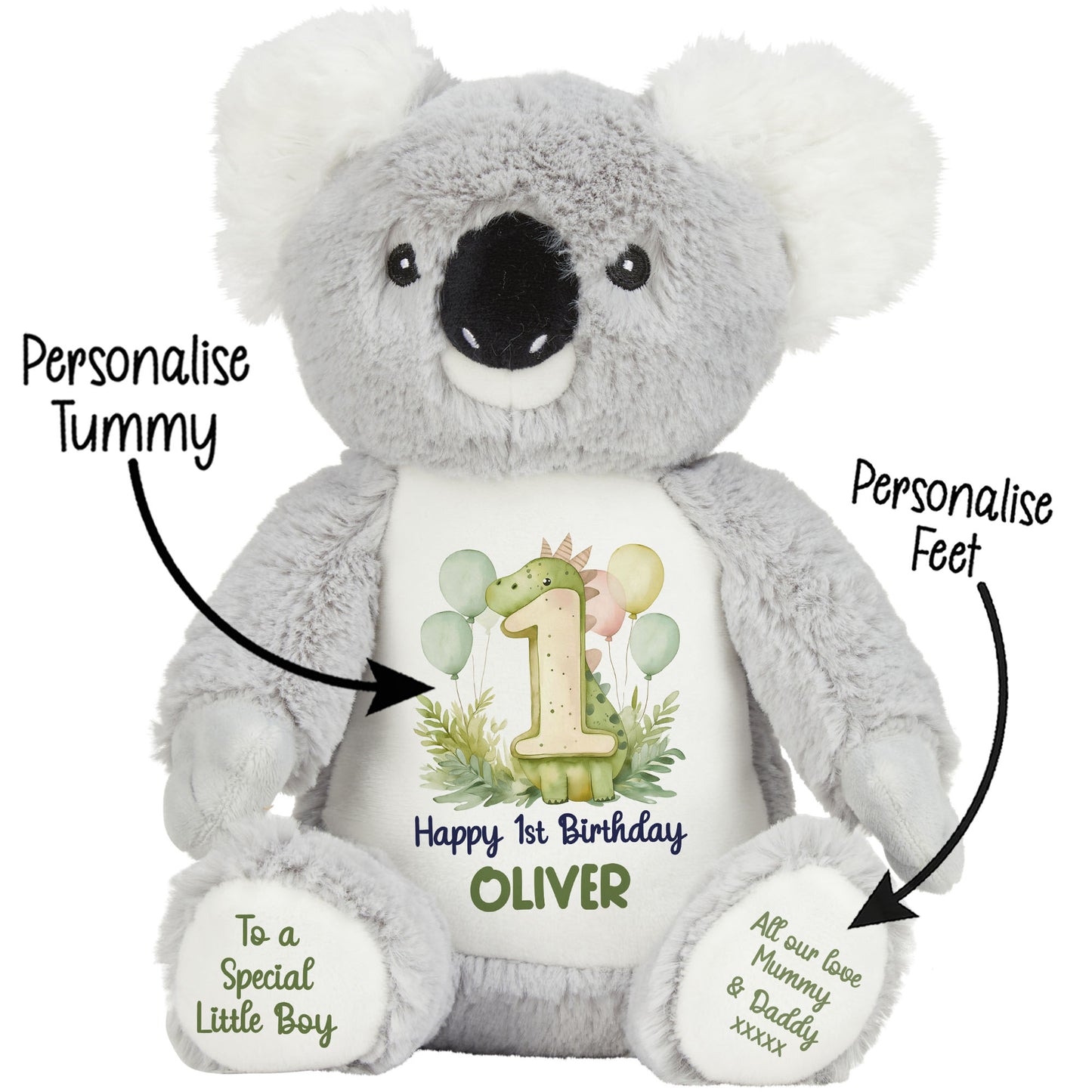 1st Birthday Green Dinosaur & Balloons Personalised Teddy Bear