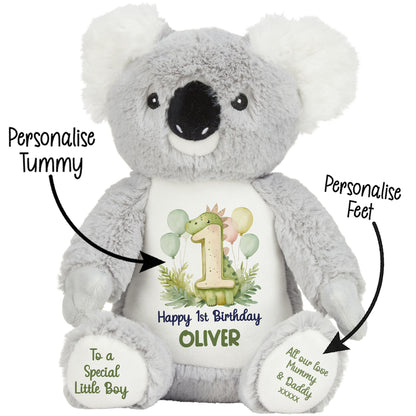 1st Birthday Green Dinosaur & Balloons Personalised Teddy Bear