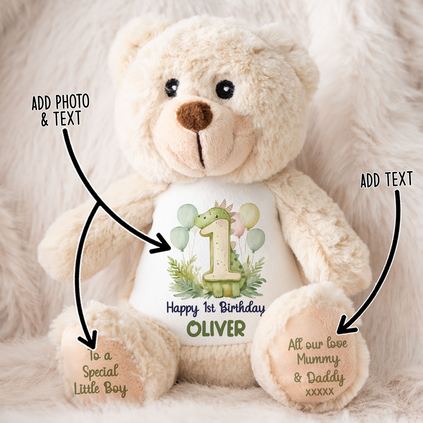 1st Birthday Green Dinosaur & Balloons Personalised Teddy Bear
