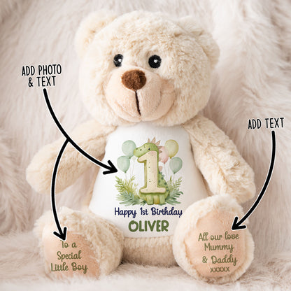 1st Birthday Green Dinosaur & Balloons Personalised Teddy Bear