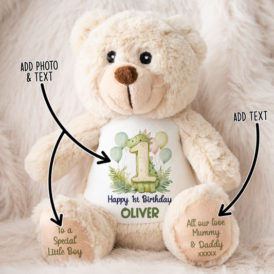 1st Birthday Green Dinosaur & Balloons Personalised Teddy Bear