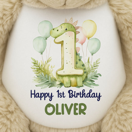 1st Birthday Green Dinosaur & Balloons Personalised Teddy Bear