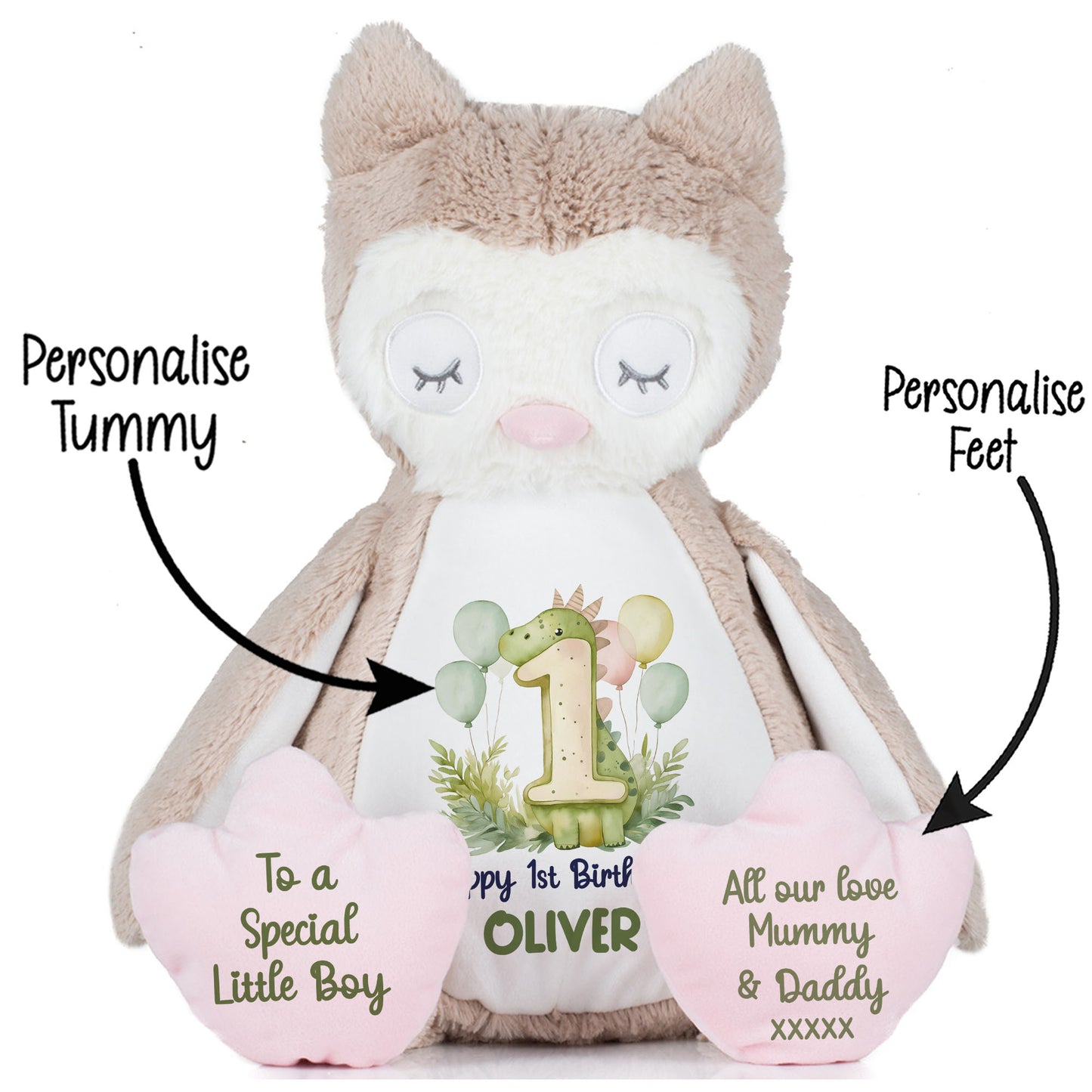1st Birthday Green Dinosaur & Balloons Personalised Teddy Bear