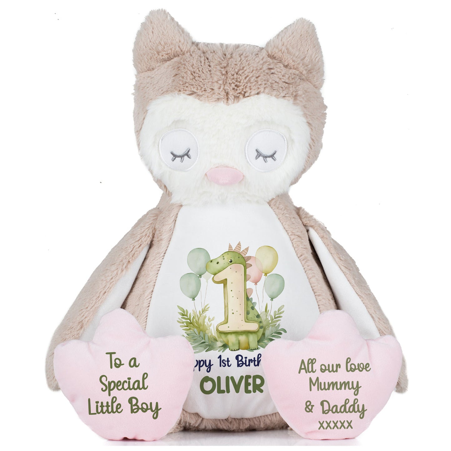 1st Birthday Green Dinosaur & Balloons Personalised Teddy Bear