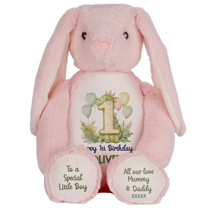 1st Birthday Green Dinosaur & Balloons Personalised Teddy Bear