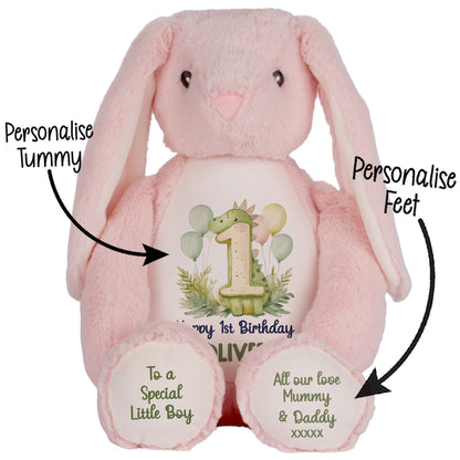 1st Birthday Green Dinosaur & Balloons Personalised Teddy Bear