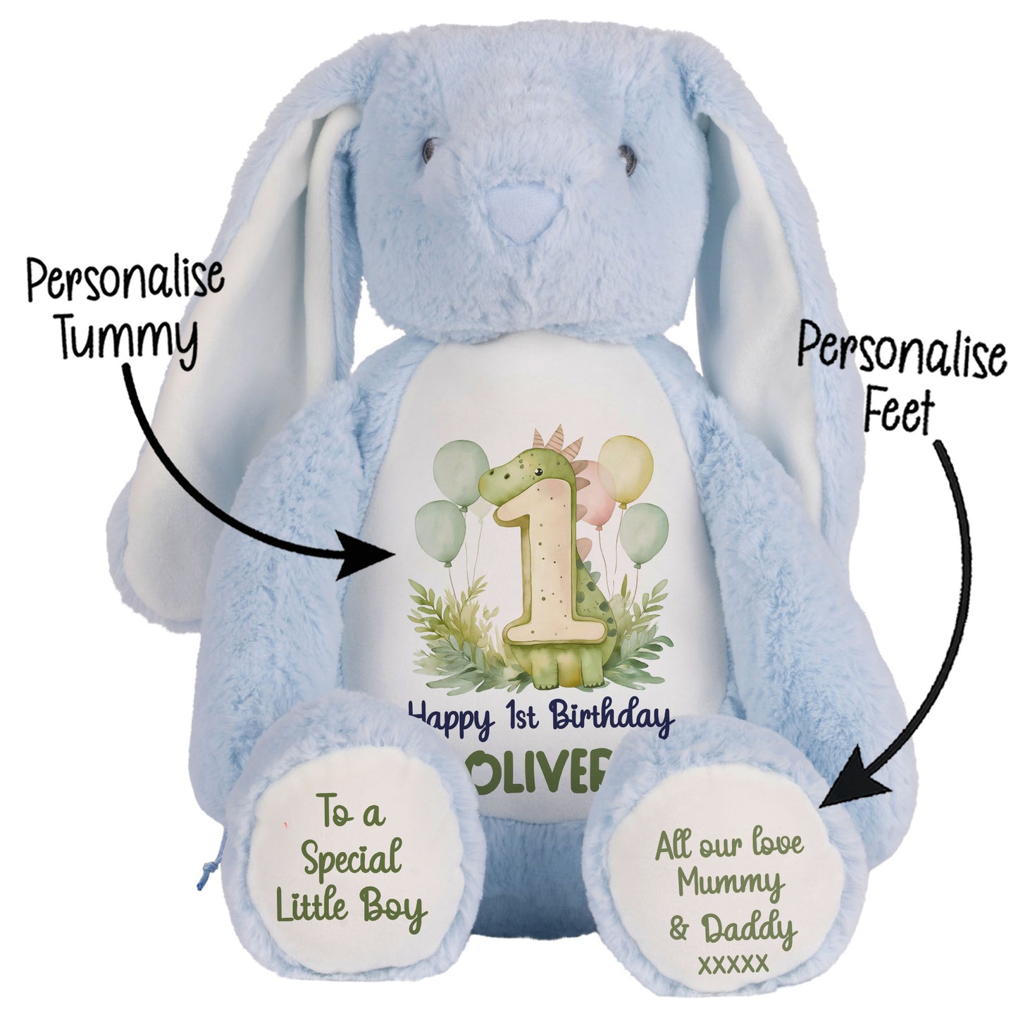 1st Birthday Green Dinosaur & Balloons Personalised Teddy Bear