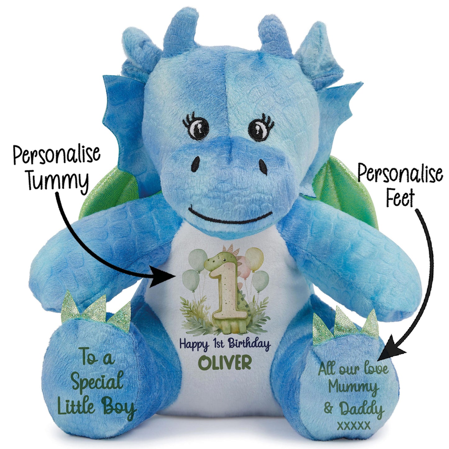 1st Birthday Green Dinosaur & Balloons Personalised Teddy Bear