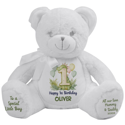 1st Birthday Green Dinosaur & Balloons Personalised Teddy Bear