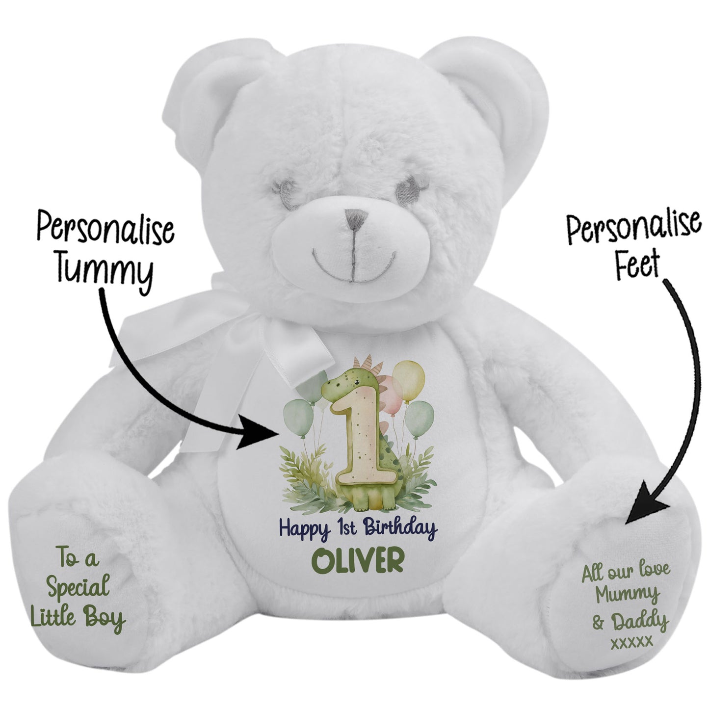 1st Birthday Green Dinosaur & Balloons Personalised Teddy Bear