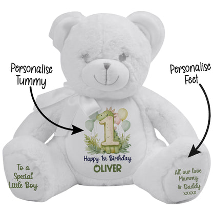 1st Birthday Green Dinosaur & Balloons Personalised Teddy Bear