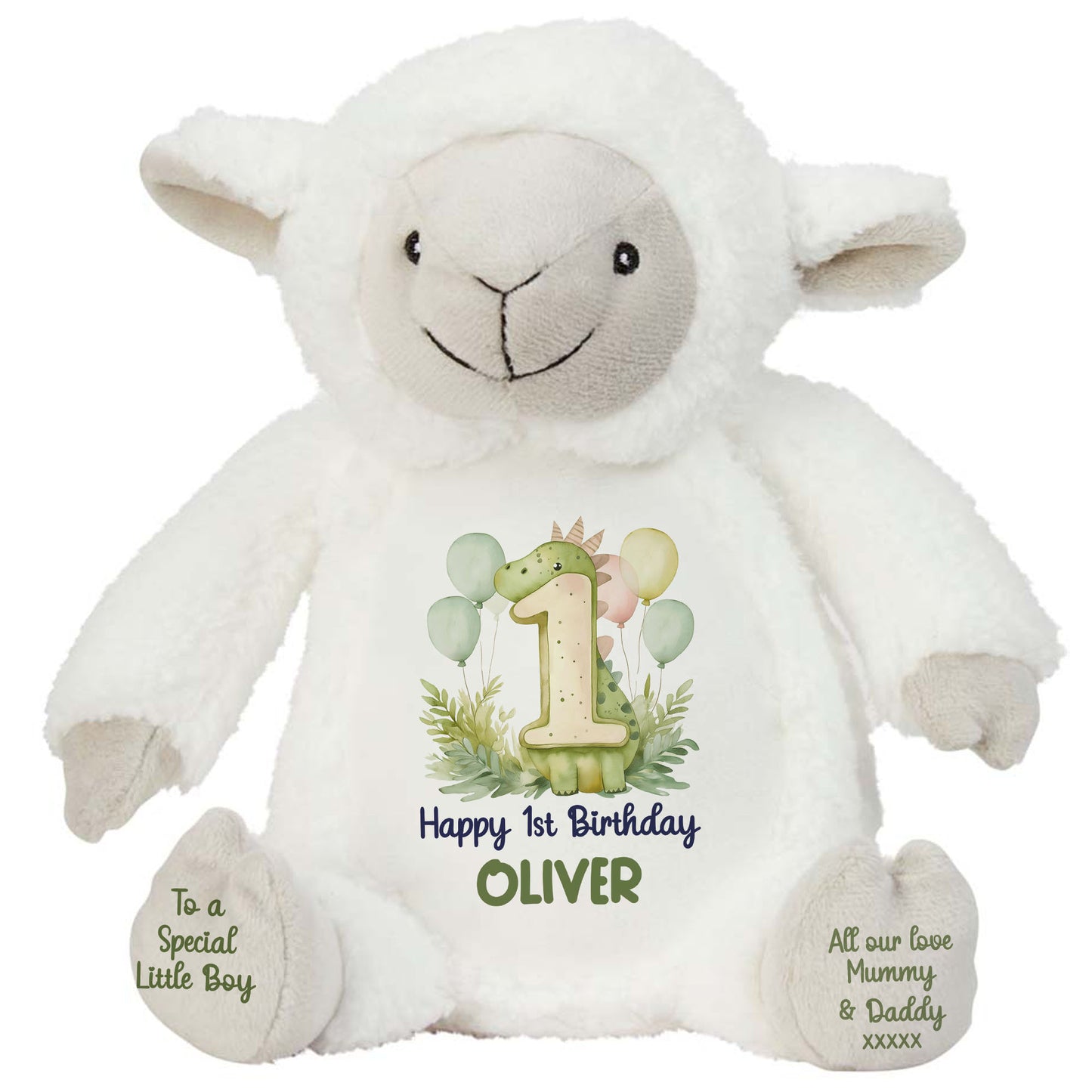 1st Birthday Green Dinosaur & Balloons Personalised Teddy Bear