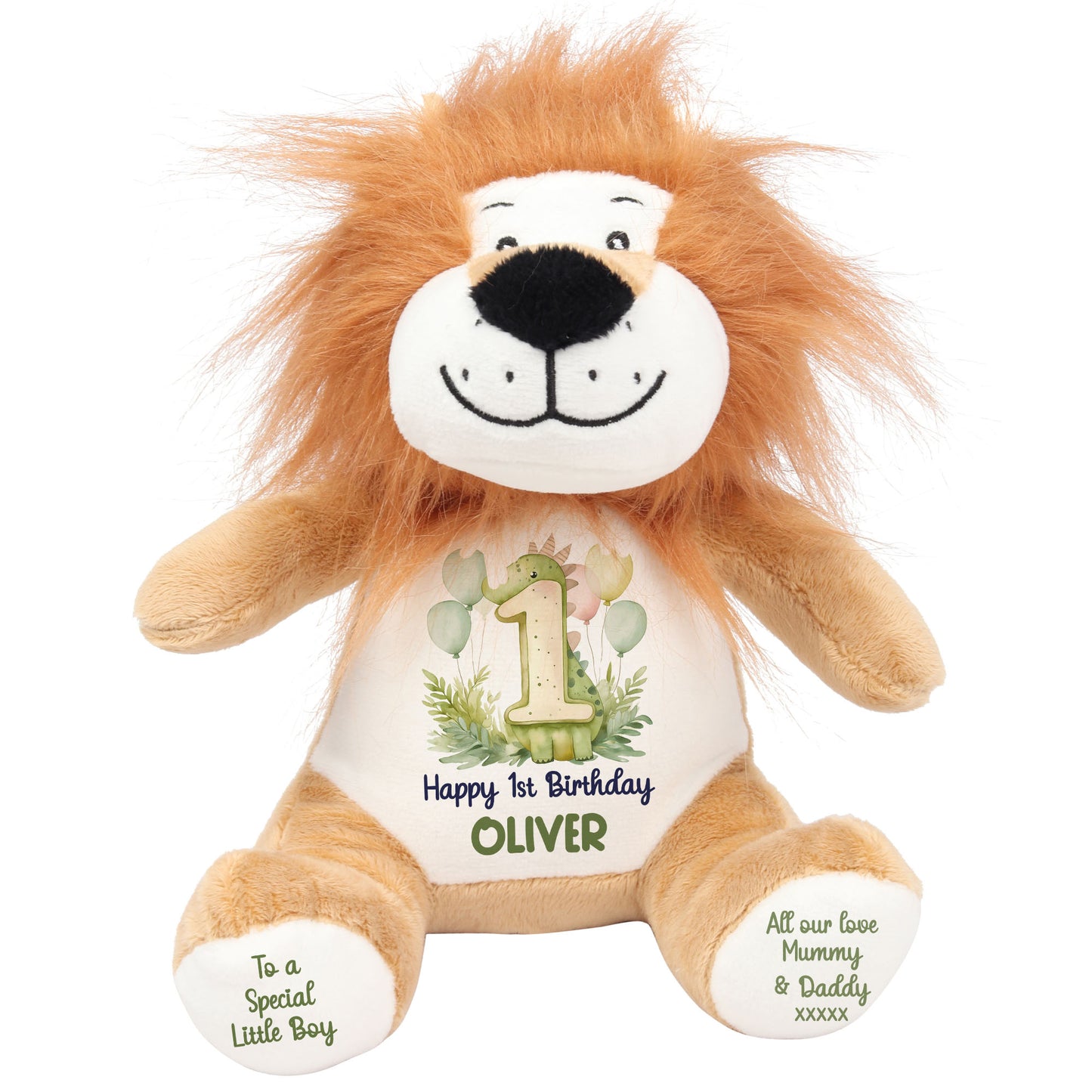 1st Birthday Green Dinosaur & Balloons Personalised Teddy Bear