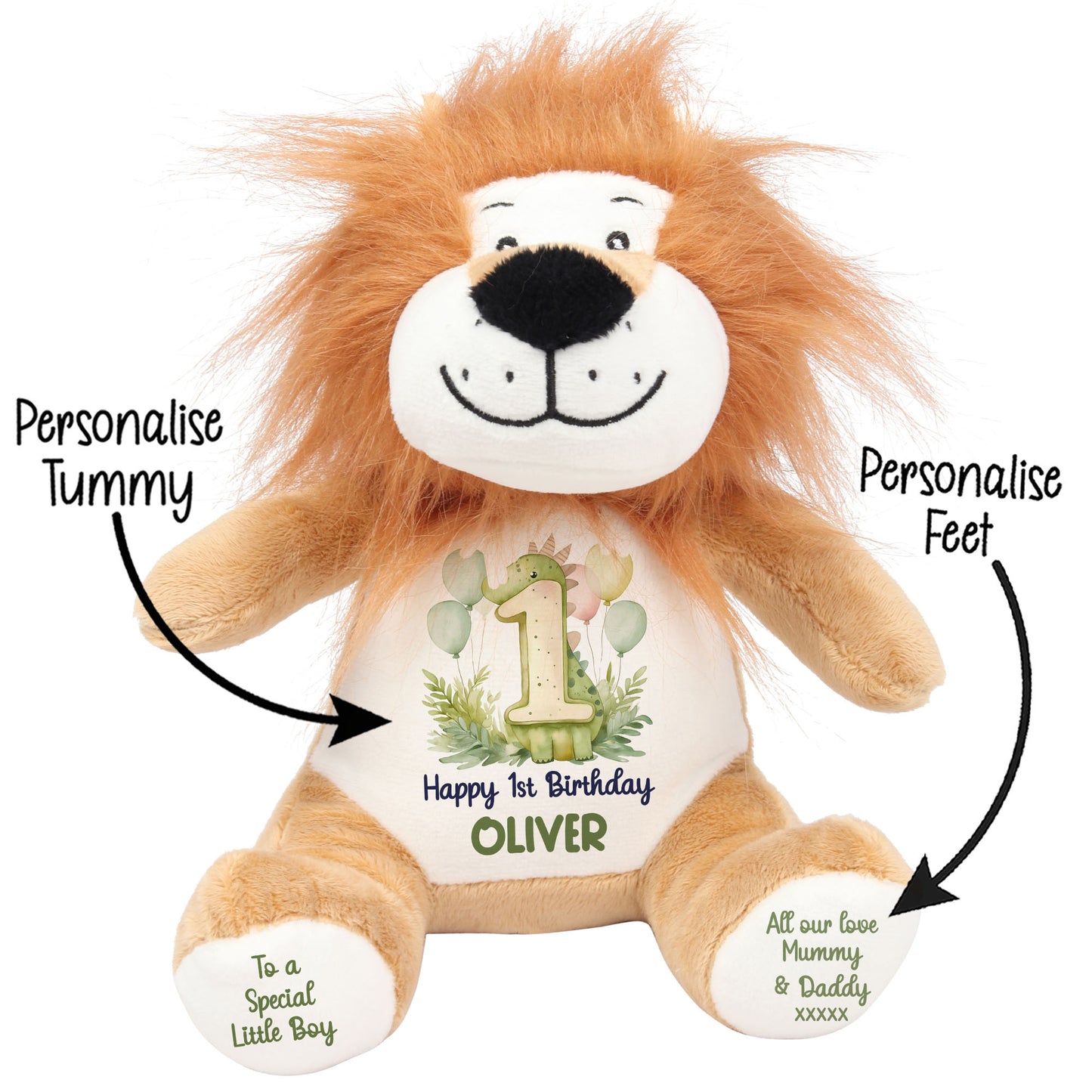 1st Birthday Green Dinosaur & Balloons Personalised Teddy Bear