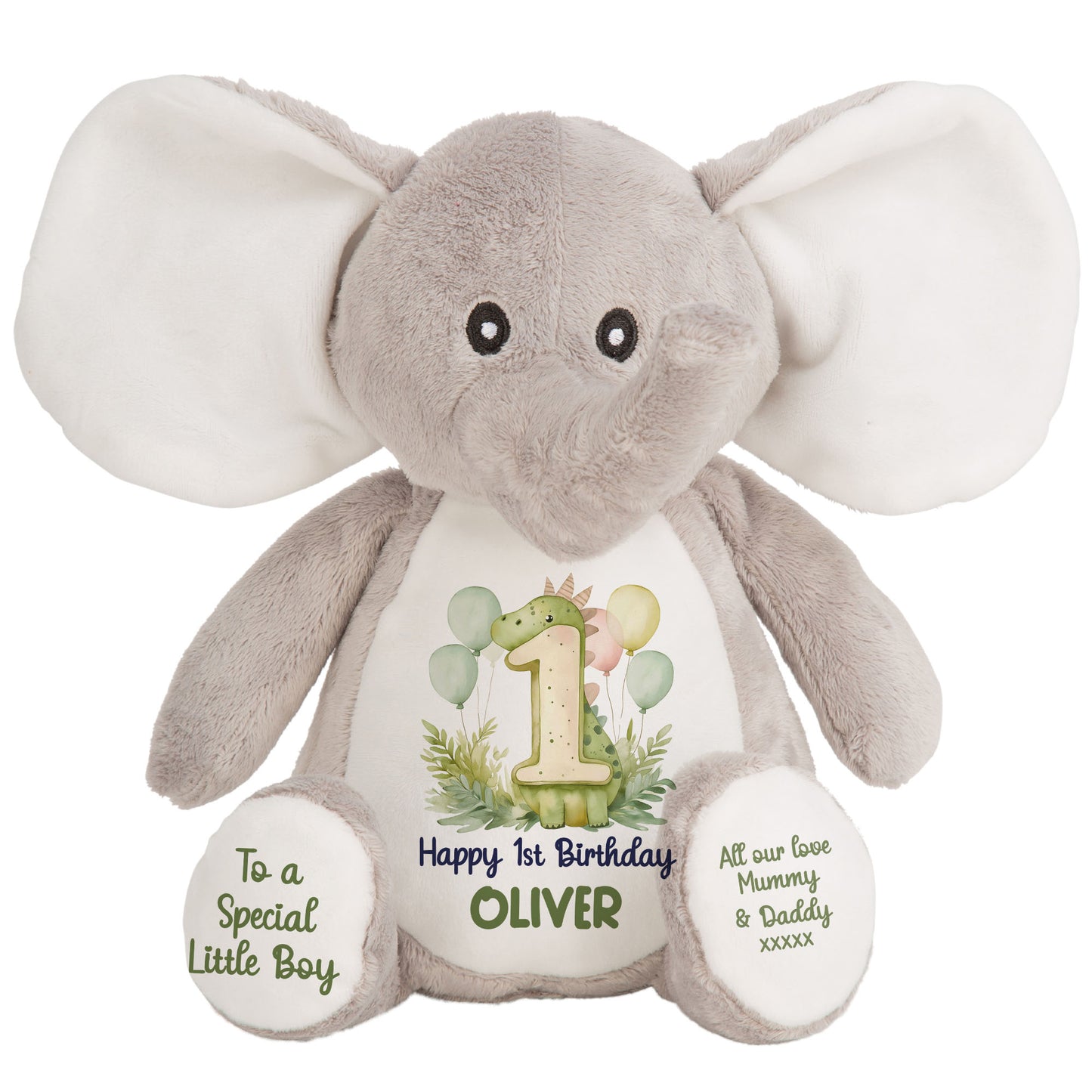 1st Birthday Green Dinosaur & Balloons Personalised Teddy Bear