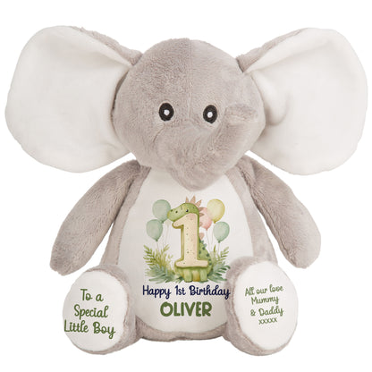1st Birthday Green Dinosaur & Balloons Personalised Teddy Bear