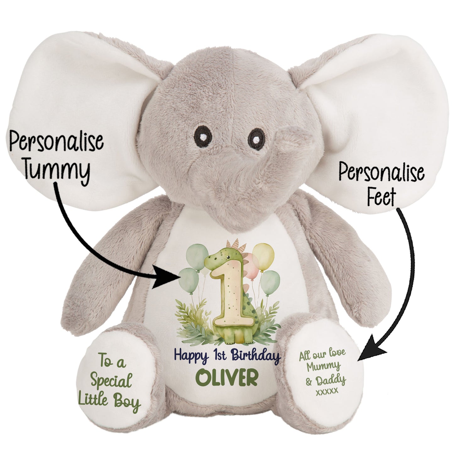 1st Birthday Green Dinosaur & Balloons Personalised Teddy Bear
