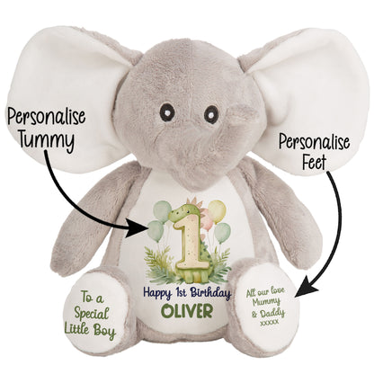 1st Birthday Green Dinosaur & Balloons Personalised Teddy Bear