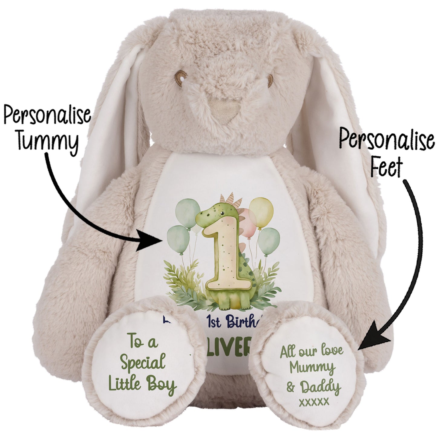 1st Birthday Green Dinosaur & Balloons Personalised Teddy Bear