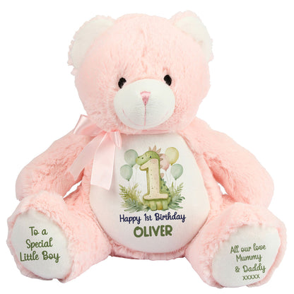 1st Birthday Green Dinosaur & Balloons Personalised Teddy Bear
