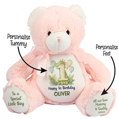1st Birthday Green Dinosaur & Balloons Personalised Teddy Bear