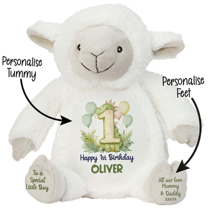 1st Birthday Green Dinosaur & Balloons Personalised Teddy Bear