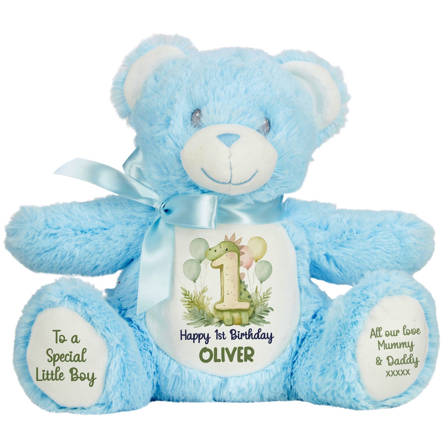 1st Birthday Green Dinosaur & Balloons Personalised Teddy Bear