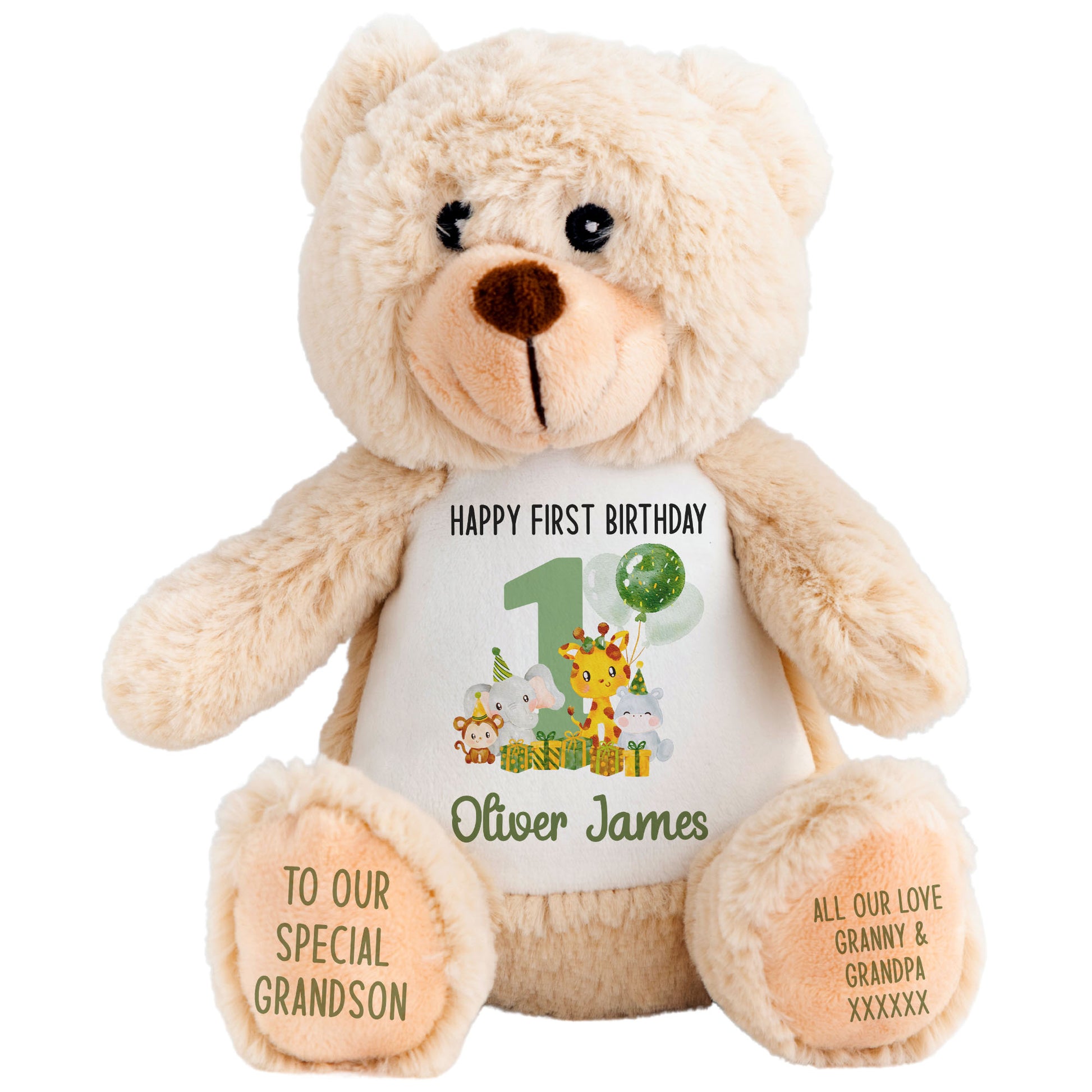 1st birthday green jungle party personalised teddy bear Brown Bear
