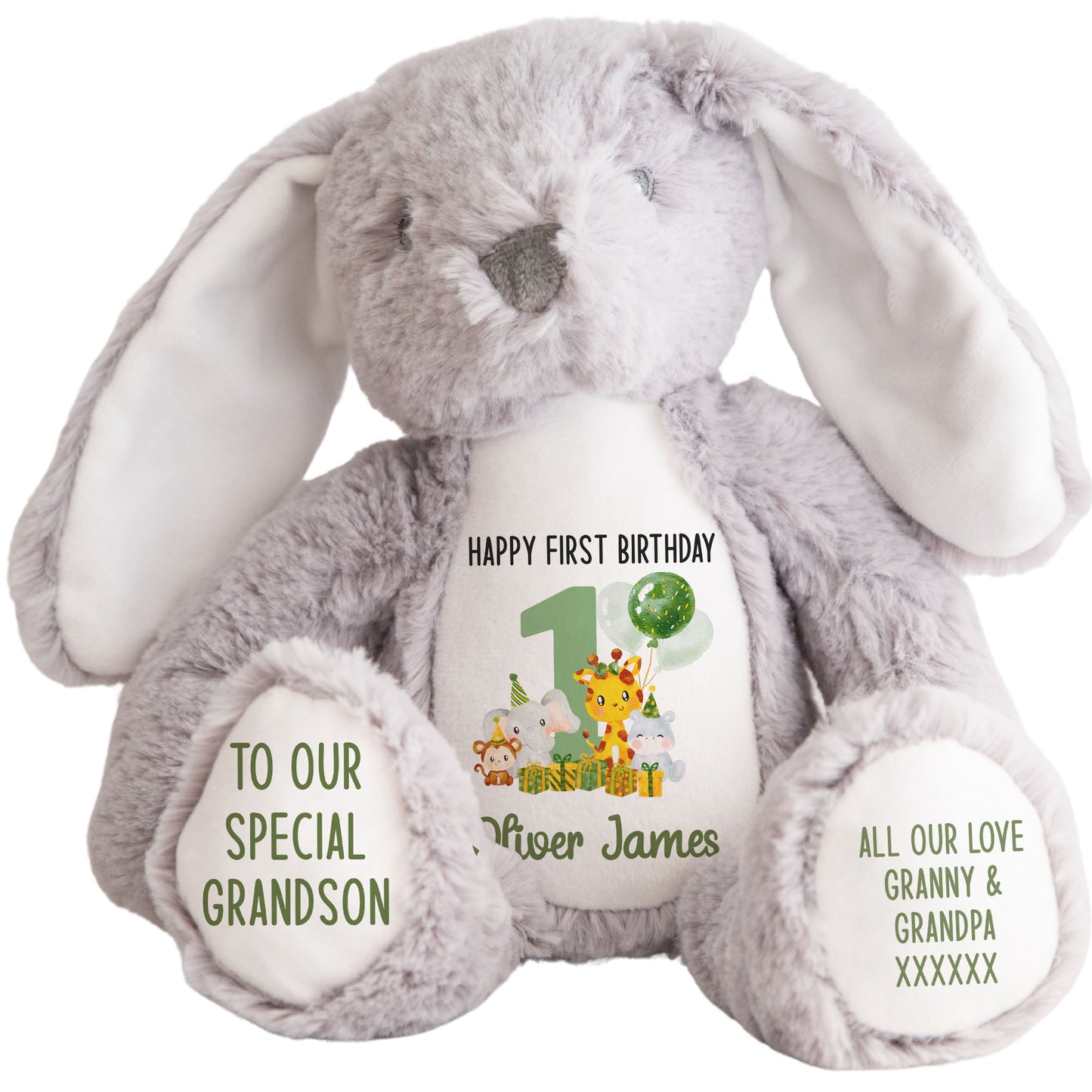 1st birthday green jungle party personalised teddy bear Grey Bunny