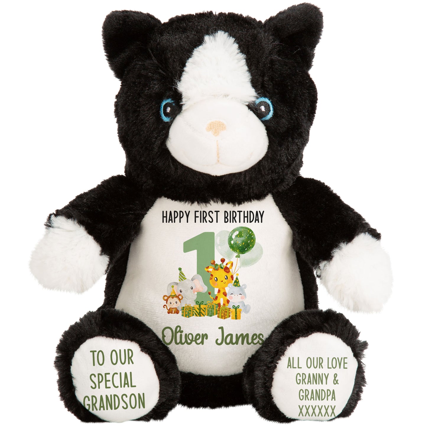 1st birthday green jungle party personalised teddy bear Cat