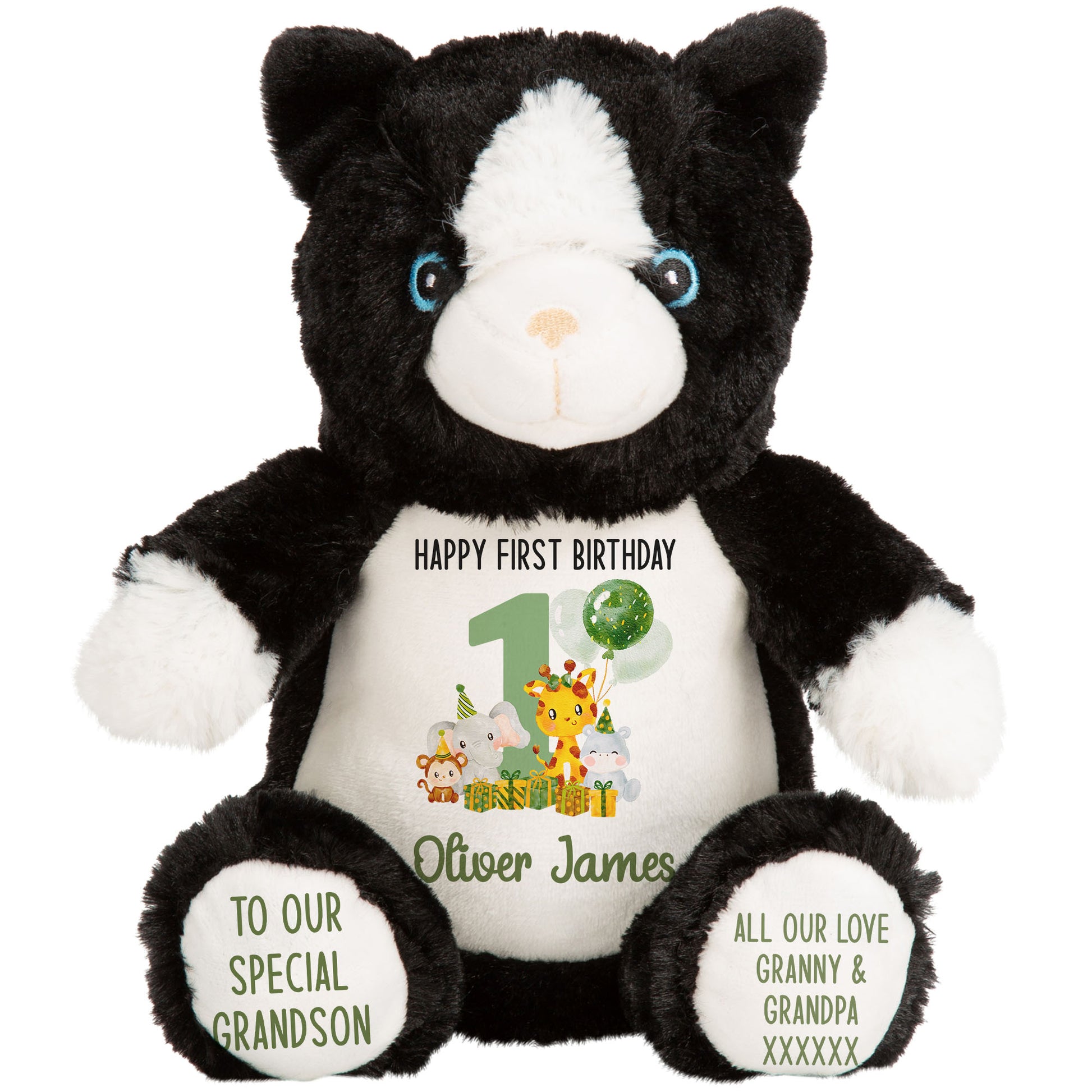 1st birthday green jungle party personalised teddy bear Cat