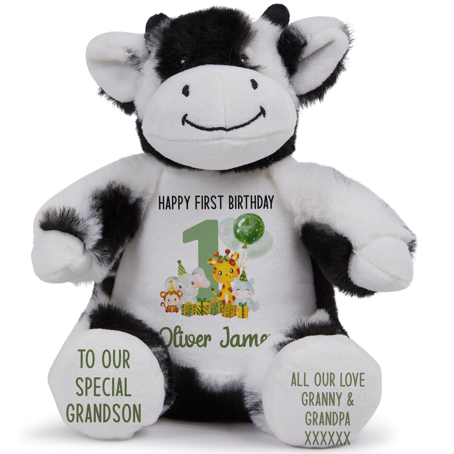 1st birthday green jungle party personalised teddy bear Cow