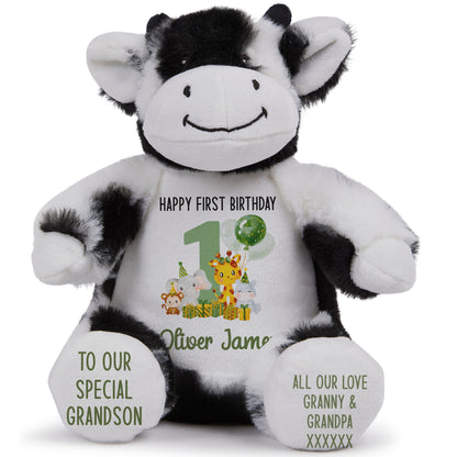 1st birthday green jungle party personalised teddy bear Cow