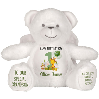 1st birthday green jungle party personalised teddy bear Angel