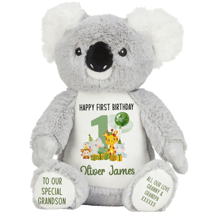 1st birthday green jungle party personalised teddy bear Koala
