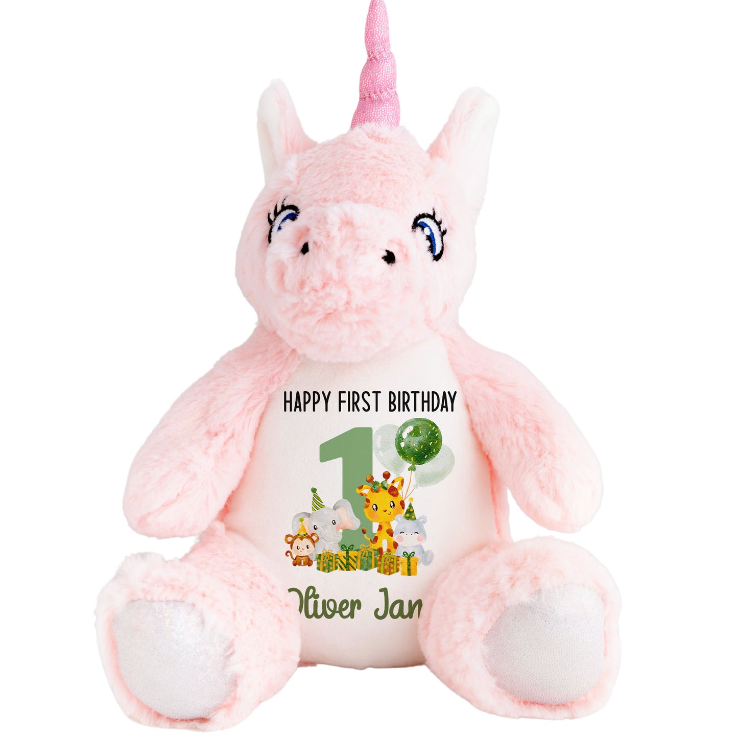 1st birthday green jungle party personalised teddy bear Unicorn