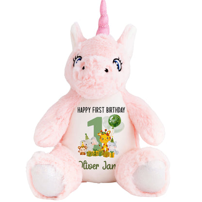 1st birthday green jungle party personalised teddy bear Unicorn