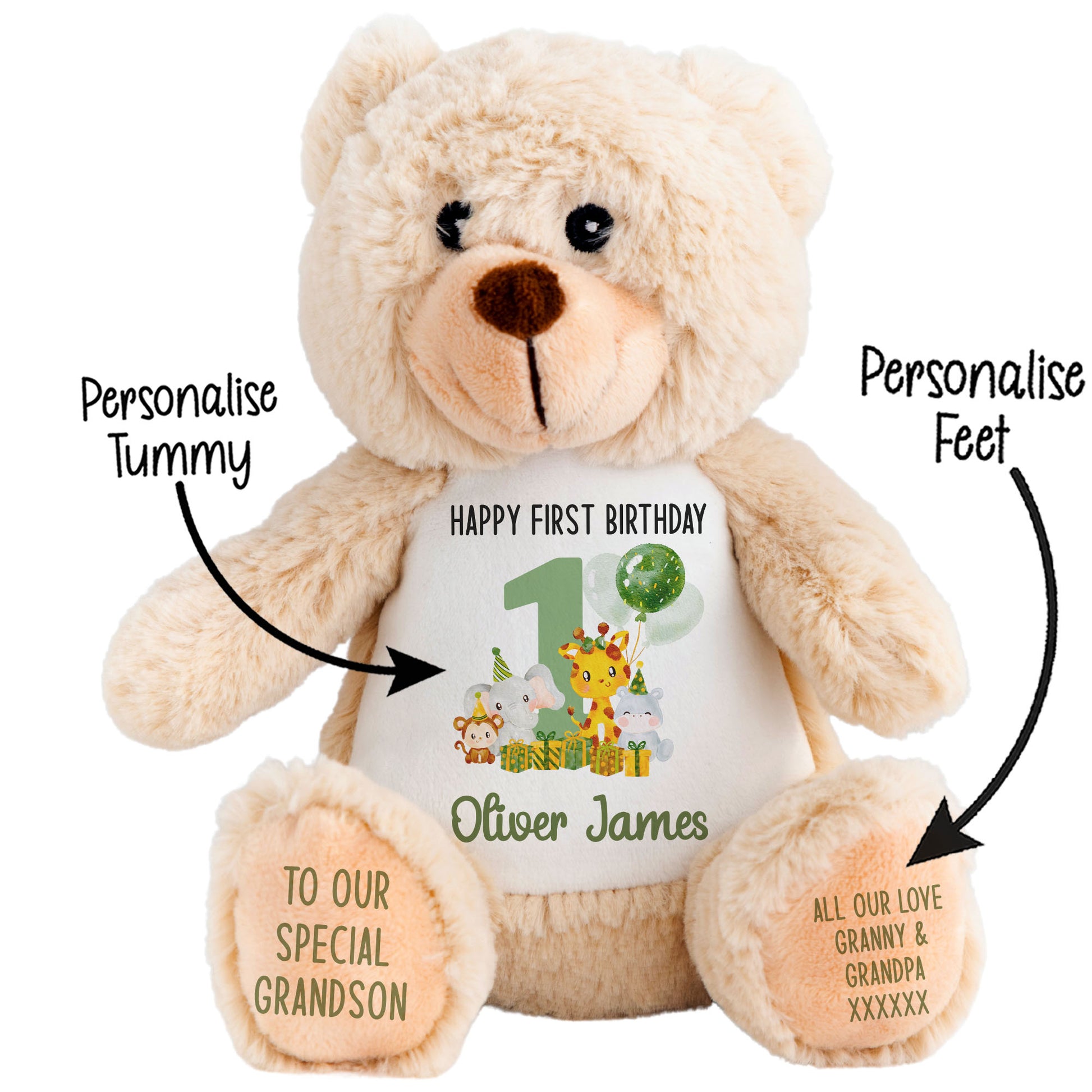 1st birthday green jungle party personalised teddy bear Brown Bear STOCK-BUNNY-BROWN