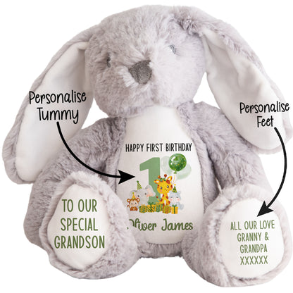 1st birthday green jungle party personalised teddy bear Grey Bunny STOCK-BUNNY-GREY