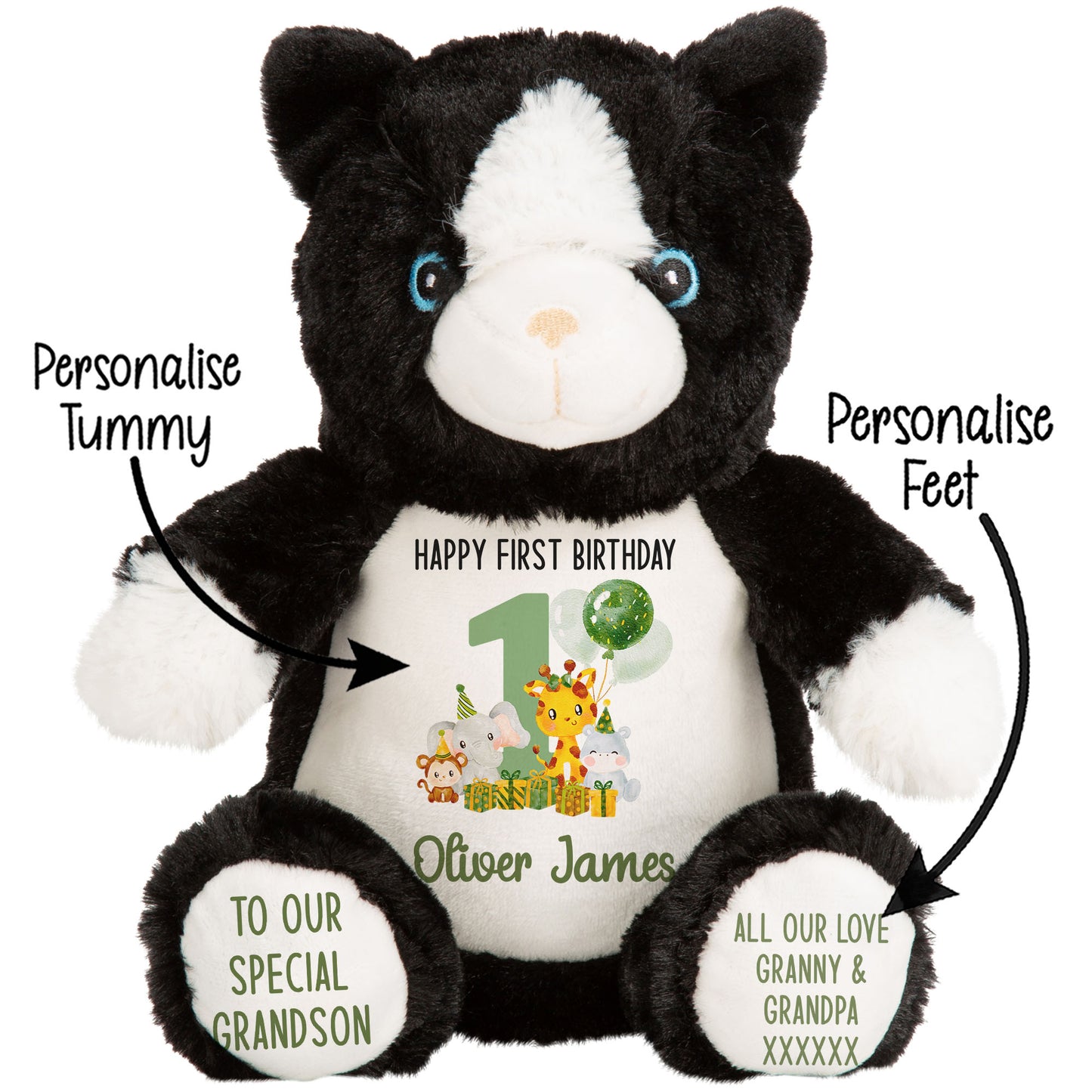 1st birthday green jungle party personalised teddy bear Cat STOCK-CAT