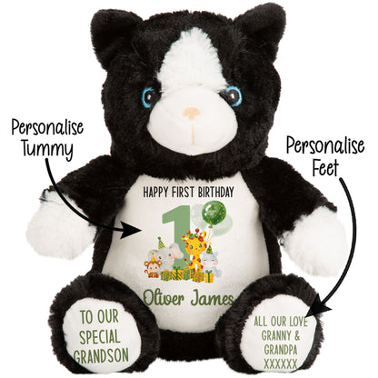1st birthday green jungle party personalised teddy bear Cat STOCK-CAT