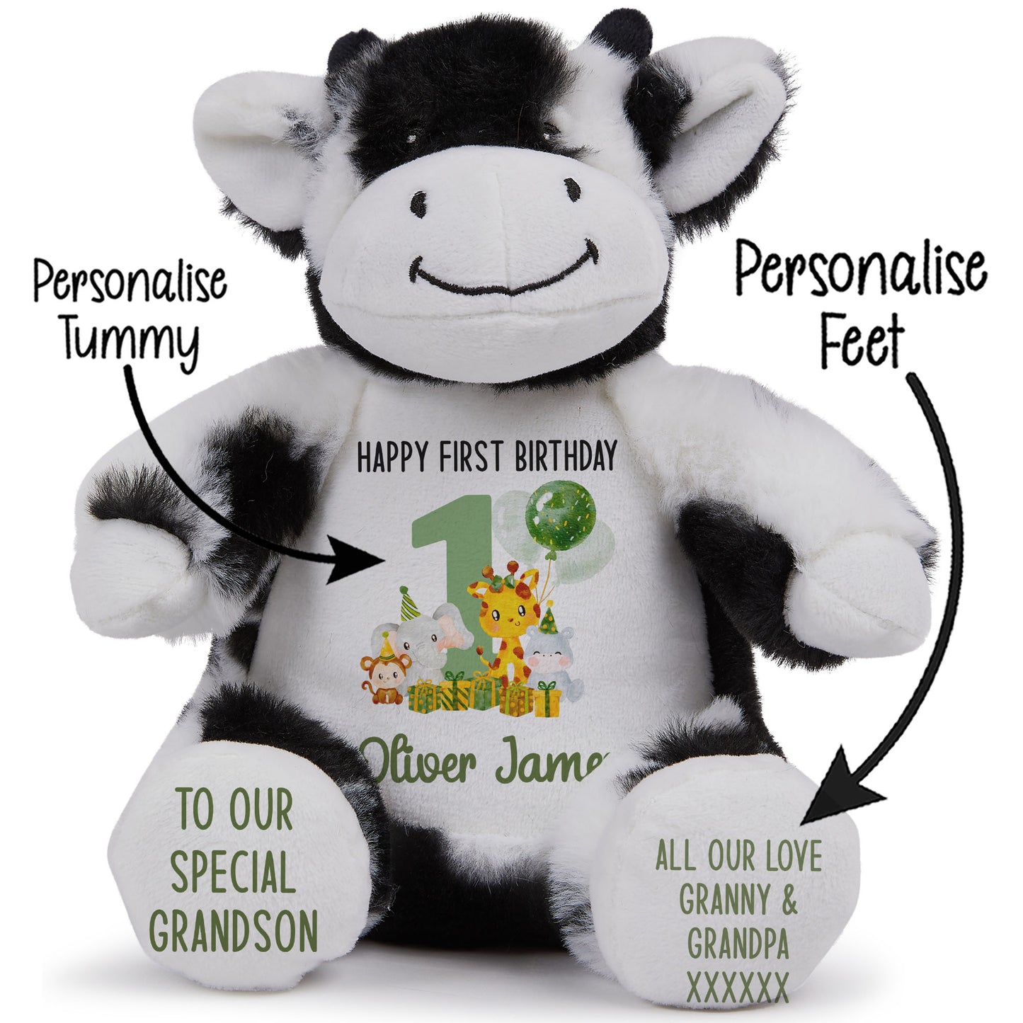 1st birthday green jungle party personalised teddy bear Cow STOCK-COW