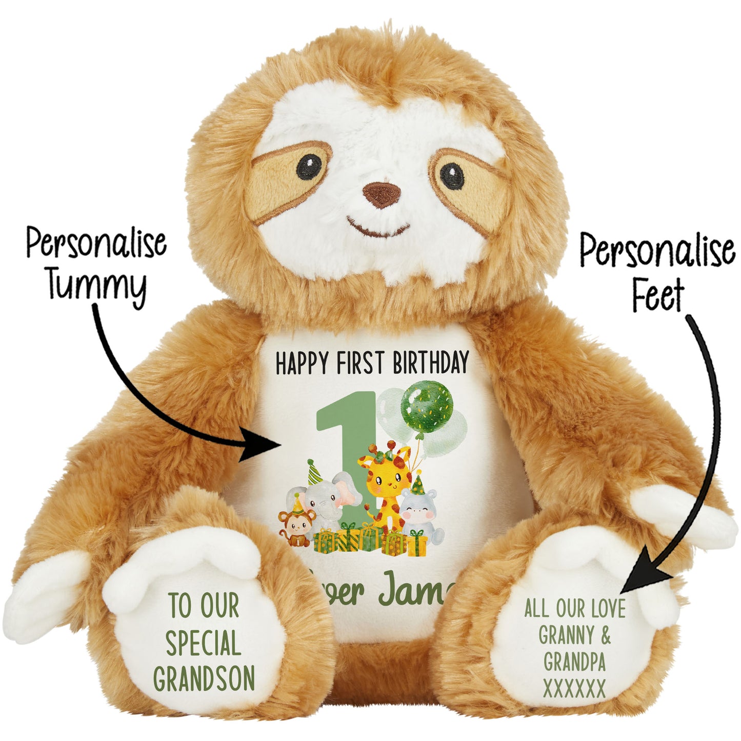 1st birthday green jungle party personalised teddy bear Sloth STOCK-SLOTH