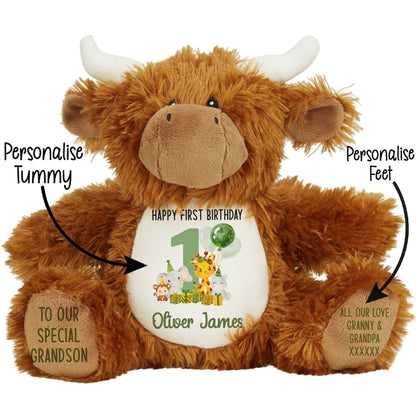1st birthday green jungle party personalised teddy bear Highland Cow STOCK-HIGHLAND-COW