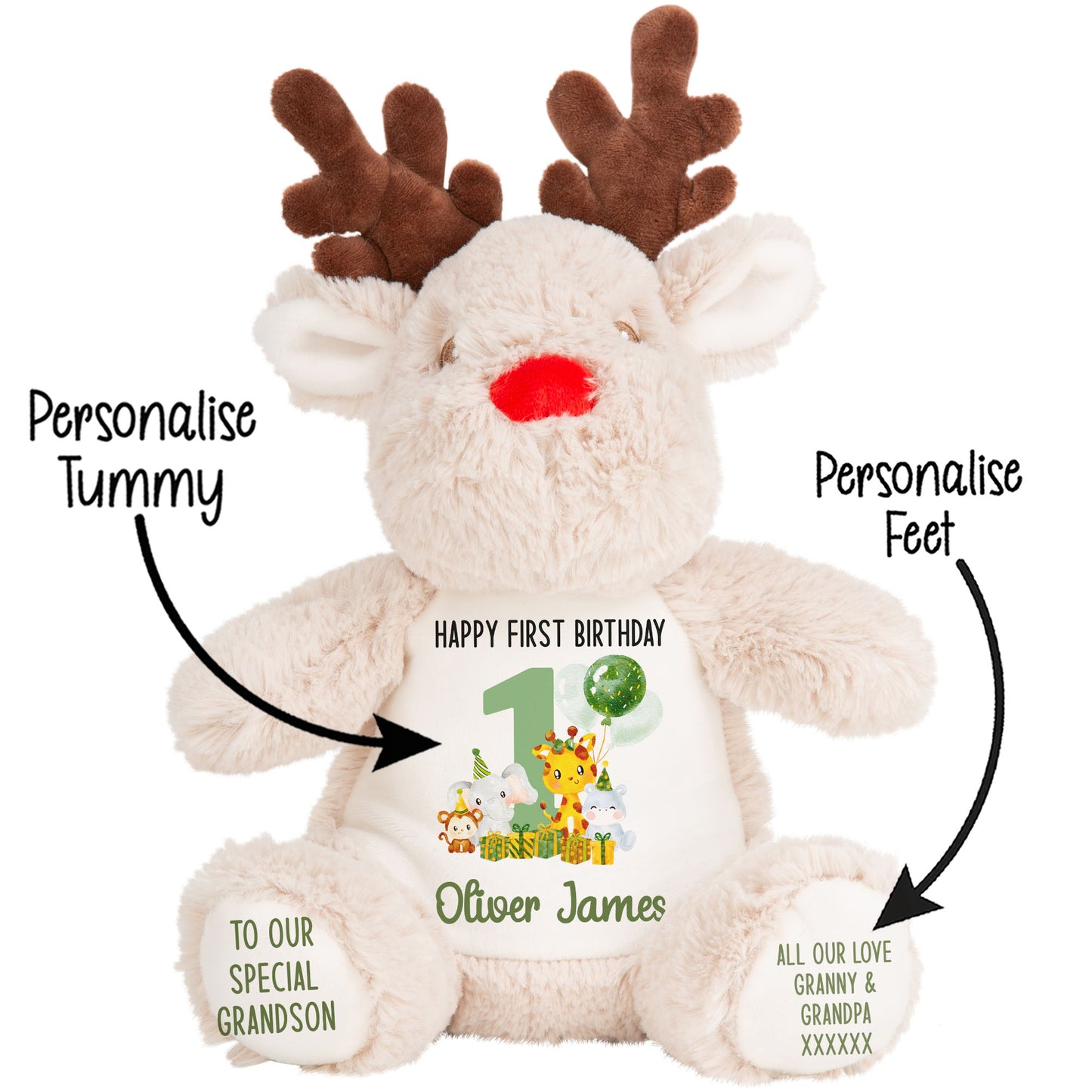 1st birthday green jungle party personalised teddy bear Reindeer STOCK-REINDEER