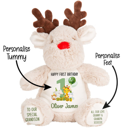 1st birthday green jungle party personalised teddy bear Reindeer STOCK-REINDEER