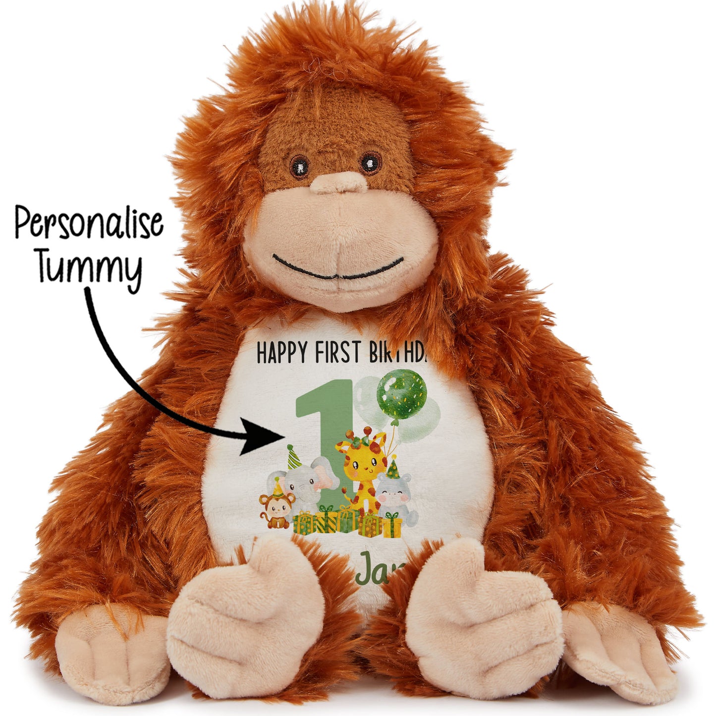 1st birthday green jungle party personalised teddy bear Orangutan STOCK-ORANGUTAN